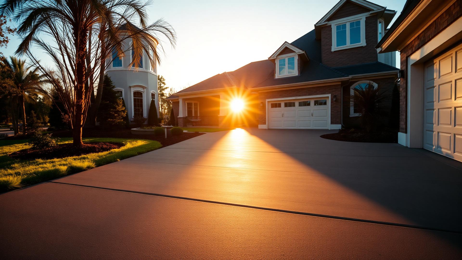 Freshly poured residential concrete driveway in Raleigh NC at golden hour