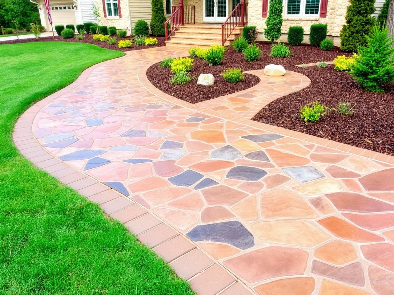 Stamped concrete driveway in Raleigh NC with decorative stone pattern
